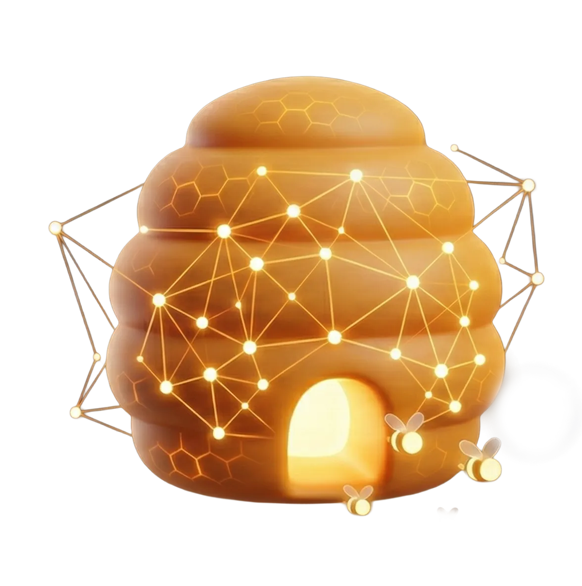 The Hive — a glowing beehive with network nodes representing the P2P mesh