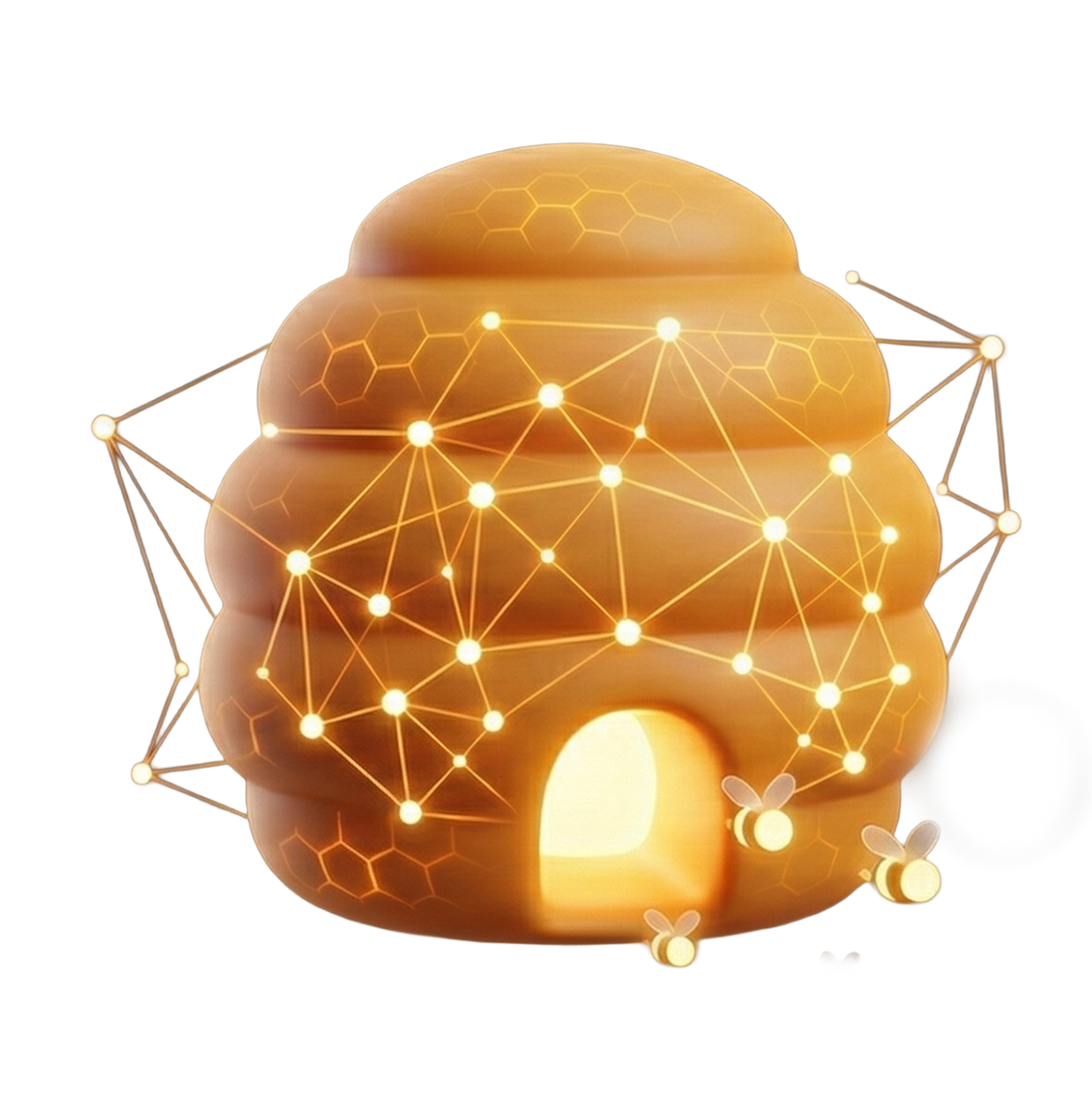 The Hive — a glowing beehive with network nodes representing the P2P mesh